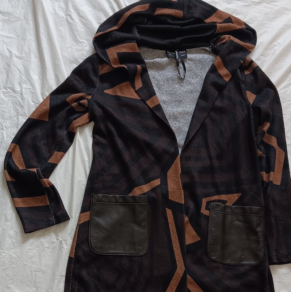Frank Lyman Designer Black/ Brown  Hooded Jacket with Geometric Design, M , NWT